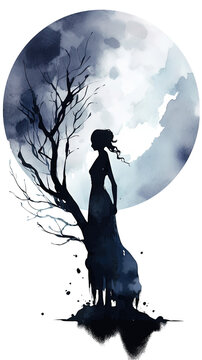 mysterious moonlit silhouette in the style of dark gothic watercolor