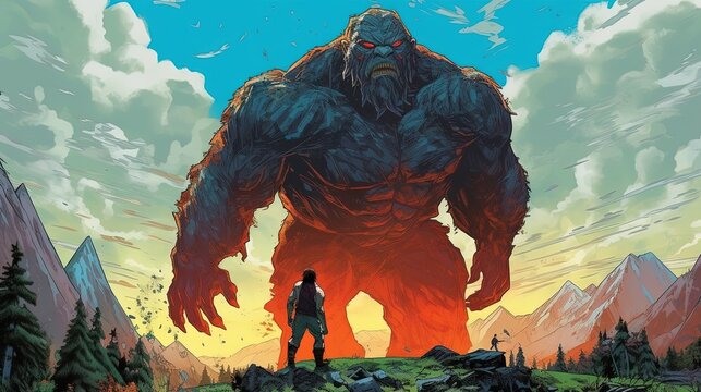A giant standing in a mountain range. Fantasy concept , Illustration painting. Generative AI
