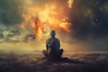 State of mind and mental health concept as a melancholic lone person seated in an open land suffers burnout. Dark smog comes out of man head and transforms into a galaxy of thoughts Generative Ai