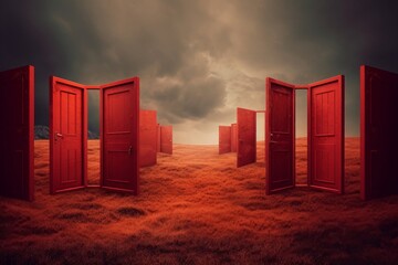 In a surreal realm, a multitude of doors materialize, presenting endless possibilities and choices. Each door holds the potential for a unique path, leading to untold adventures Generative AI
