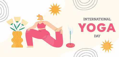 international yoga day banner. Woman practicing yoga. 