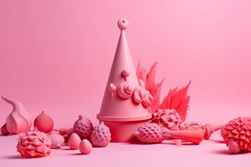 pink cake with a pink hat on top of it, perfect for a birthday party or celebration Generative AI