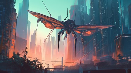 A futuristic city with robotic butterfly drones. Fantasy concept , Illustration painting. Generative AI