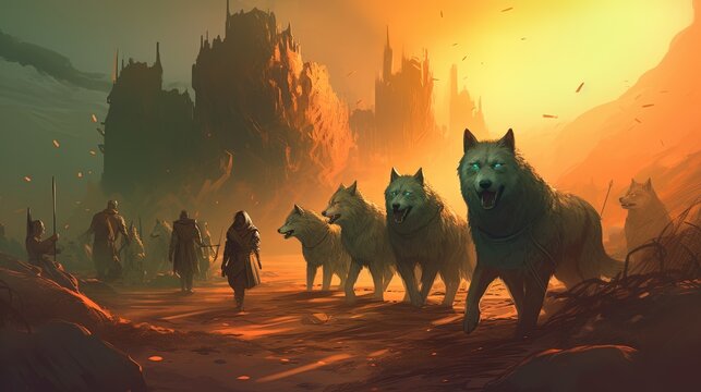 A fierce wolf pack and a tribe of humans work together to save their homeland from an ancient curse. Fantasy concept , Illustration painting. Generative AI
