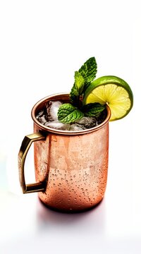 studio shot of bronze cup Moscow Mule cocktail on white background created with Generative AI technology 
