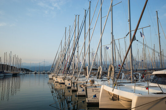 Yachts and boats in Fethiye Ece Marina, Mugla province, Turkey - may 2023