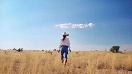 Young beautiful woman in cowboy hat walking in the field on a sunny day - made with Generative AI