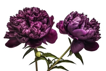 two blooming purple flowers placed side by side on a white background Generative AI