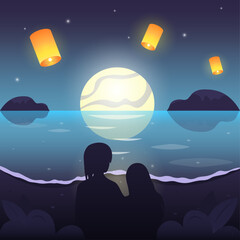 Сouple in love on the night beach look at the moon