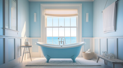 Fototapeta na wymiar Salle de bain avec sa baignoire et vue sur l'océan. 