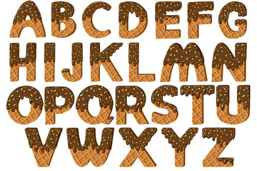 A brown abc letter coated with chocolate on top, on a white scene, is used to decorate as a word.