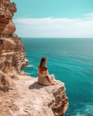 Beautiful woman in long dress sitting on the edge of cliff over ocean - made with Generative AI