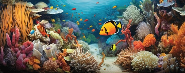 Obraz na płótnie Canvas a colorful Coral reef, teaming with Sea life, Aquatic-themed, horizontal format, photorealistic illustrations in a JPG. Generative AI