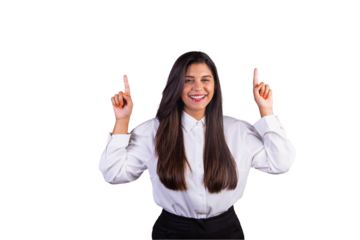 Brazilian businesswoman, manager, corporate portrait. presenting space for advertisement, publicity or product. pointing out.