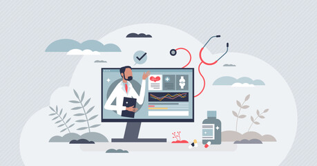 Health information technology as medical online systems tiny person concept. IT application for healthcare database with diagnosis, checkups, prescriptions and illness results vector illustration.