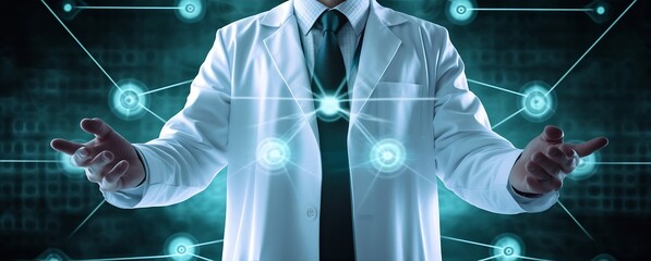 AI Generated. Man in White Coat Hovering Over Data Visualization. Focus on Joints and Connections with Fragmented Icons.