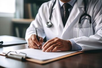 AI Generated. Male Physician Filling Medical Record with Stethoscope at Workplace. Healthcare Documentation and Patient Care Concept.