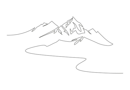 Mountains landscape view. Continuous one line drawing vector illustration. Pro vector.