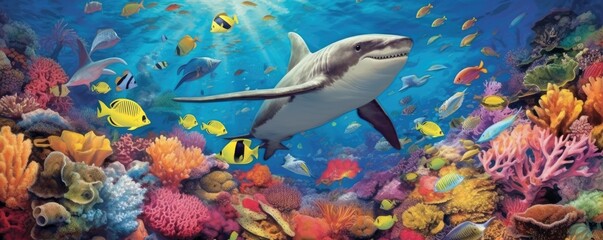  a colorful Coral reef, with a shark centerpiece and teaming with Sea life, Aquatic-themed, horizontal format, photorealistic illustrations in a JPG. 10:4 aspect. generative ai