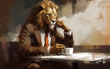 Humanistic lion in a suit drinking coffe at a coffee shop created with Generative AI technology - obrazy, fototapety, plakaty