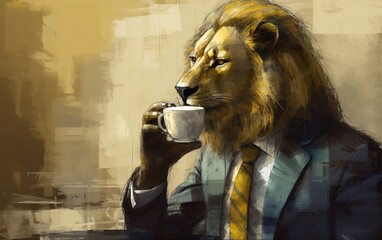 Humanistic lion in a suit drinking coffe at a coffee shop created with Generative AI technology