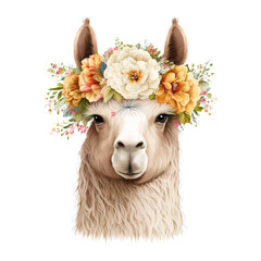 Obraz premium Llama with a wreath of flowers on his head. Beautiful Alpaca with flower crown isolated on Transparency Background.