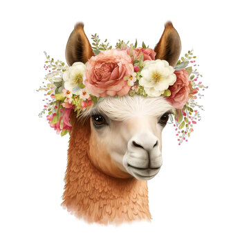 Llama with a wreath of flowers on his head. Beautiful Alpaca with flower crown isolated on Transparency Background.