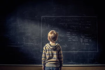 Fotobehang Young boy alone staring at a giant chalkboard in school, Generative AI © soupstock