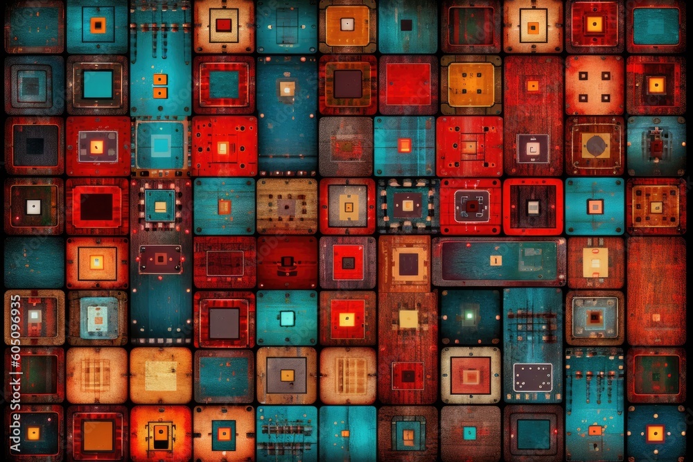 Poster vibrant and colorful pattern composed of squares and rectangles generative ai