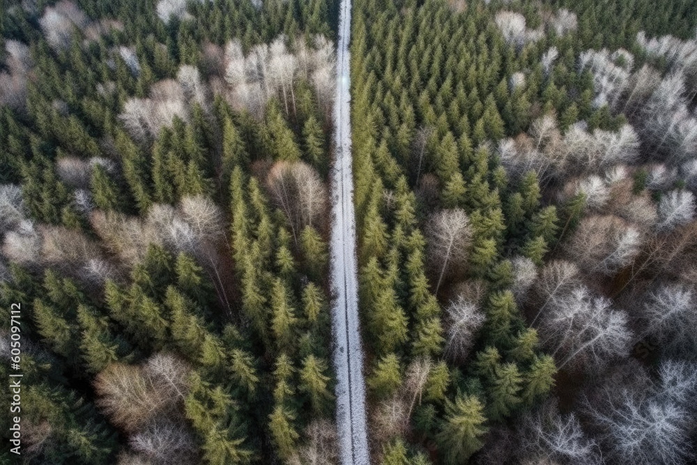 Wall mural winding road surrounded by lush green trees in a dense forest generative ai