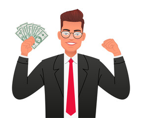 A happy businessman. A young man with glasses holds dollar bills in his hand. A handsome man in a business suit with money in his hand. Vector illustration