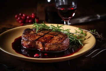 beef steak on the dish with red wine