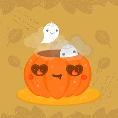 Cute autumn pumpkin with kawaii ghosts