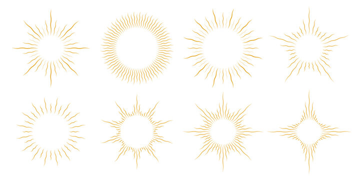 Golden curved sunburst frame set. Retro warped circle sunlight rays pack. Vintage wavy sunbeams design elements for logo, labels, badges, banners. Vector gold illustration collection