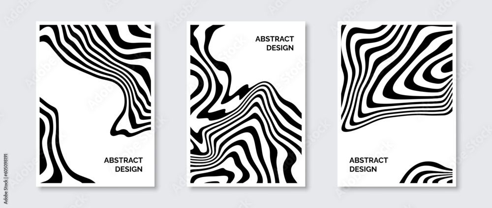 Poster abstract wavy lines posters set. fluid undulate shapes banner pack. black and white universal curved