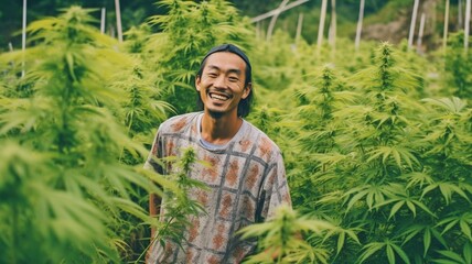 Naklejka na ściany i meble images of farmers in Hawaiian shirts from Thailand. Smiling broadly on the marijuana field. GENERATE AI..