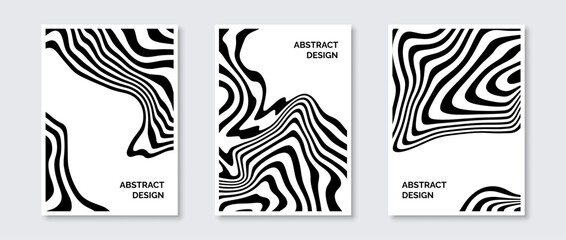 Abstract wavy lines posters set. Fluid undulate shapes banner pack. Black and white universal curved stripes template. Futuristic design concept for cover, invitation, brochure, flyer. Vector.