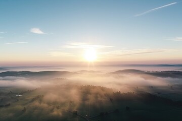 Fototapeta na wymiar Amazing plane Aerial view 180 degrees panoramic of Morning sunrise above the clouds in the sky with copy space.AI Generated