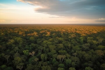Obraz premium Amazing drone Aerial view of green amazonas forest at sunrise with copy space