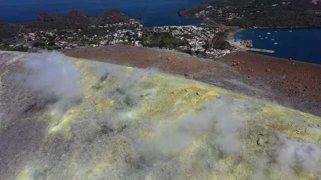 Smoking sulphur fumaroles at the crater rim, Gran Cratere, Vulcano Island, Lipari or Aeolian Islands, Sicily, Italy, Europe