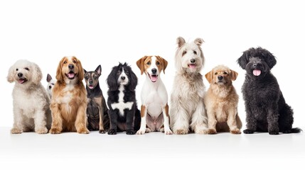 Naklejka na ściany i meble a group of various dog breeds, with happy dispositions, healthy-looking, best friend, Pet-themed, horizontal format, photorealistic illustrations in a JPG. 10:4 aspect. generative ai