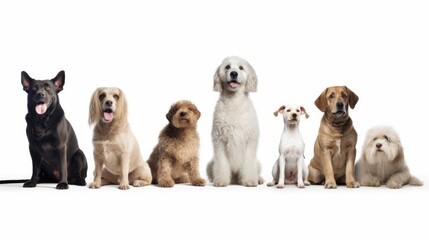Naklejka na ściany i meble a group of various dog breeds, with happy dispositions, healthy-looking, best friend, Pet-themed, horizontal format, photorealistic illustrations in a JPG. 10:4 aspect. generative ai