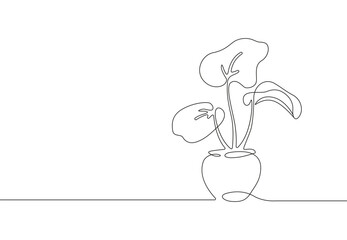 Continuous one line drawing. House plant in pot. Vector illustration.