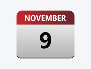 9th November calendar icon. Calendar template for the days of December. vector illustrator.