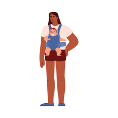Standing smiling woman with baby girl in sling flat style