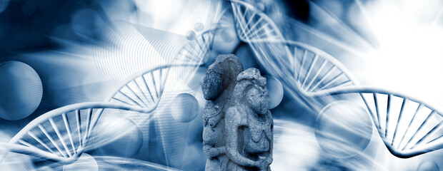 Polovtsian stone idols on the background of the abstract image of the DNA chains