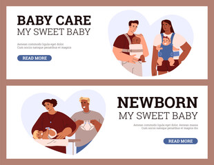 Parents taking care of newborns, web banners set - flat vector illustration.