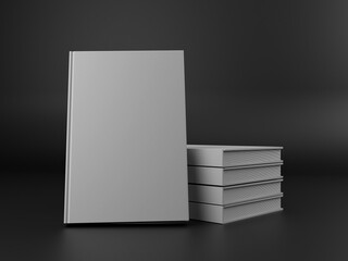 3d rendering of a stack of books and one book standing in gray on black background and white light