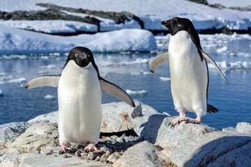 Photo of a pair of Adelie penguins standing on a rock in Antarctica during their mating ritual