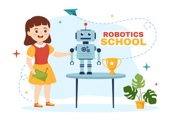 Robotics School Vector Illustration with Kids Robotic Project to Programming and Engineering Robot in Flat Cartoon Hand Drawn Landing Page Templates